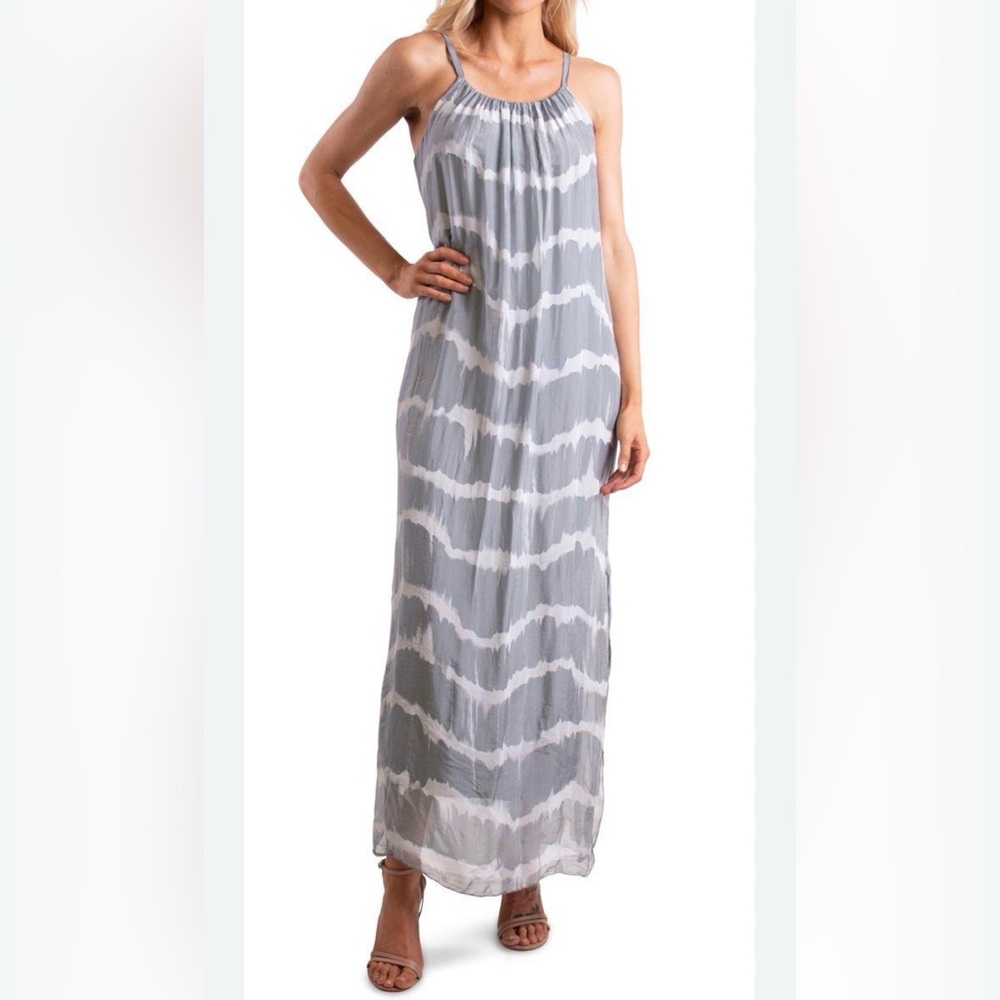 Gigi Moda Tie Dye Silk Maxi Dress spaghetti straps side slit Italy